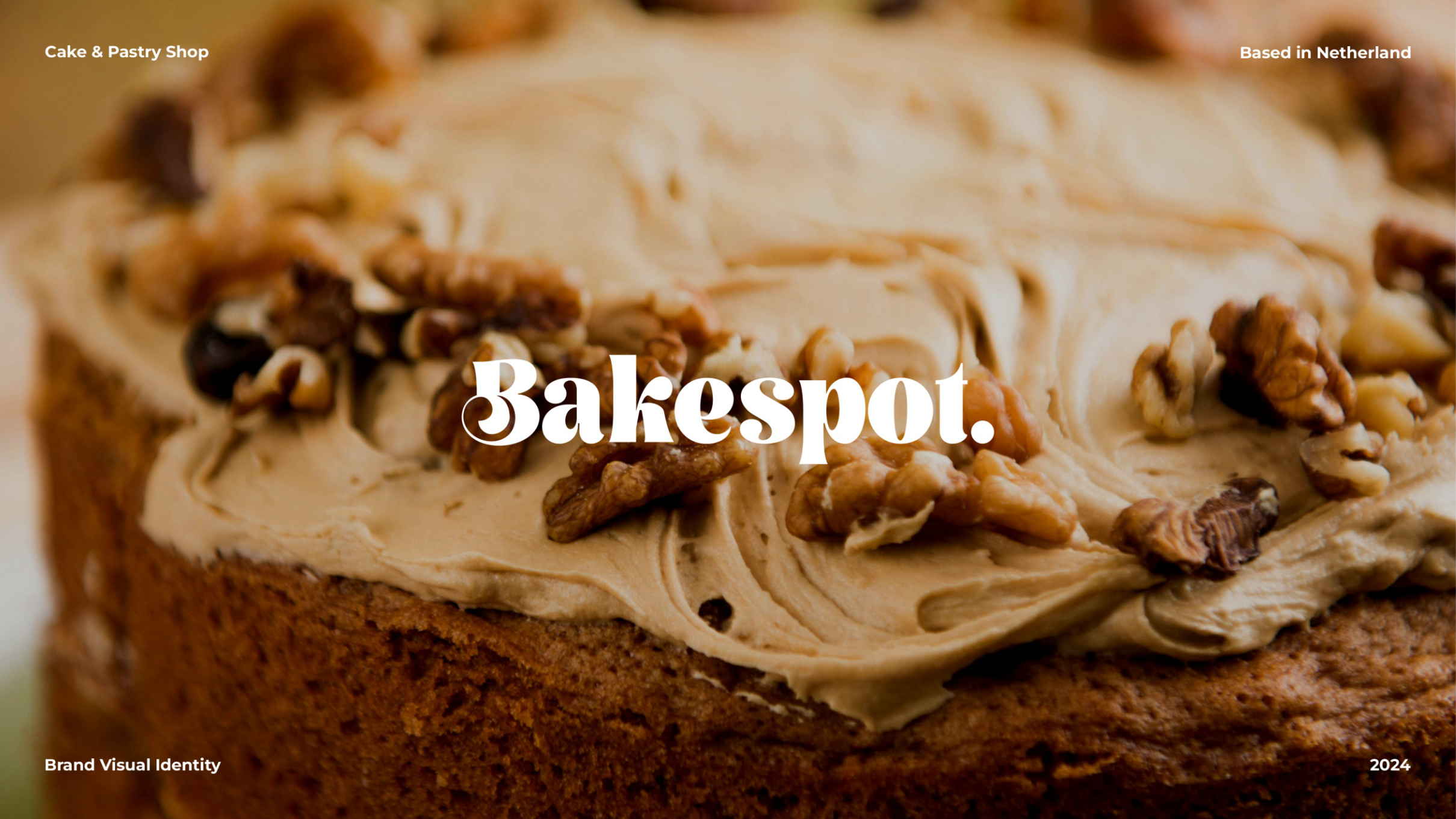 Bakespot wordmark over walnut-topped cake