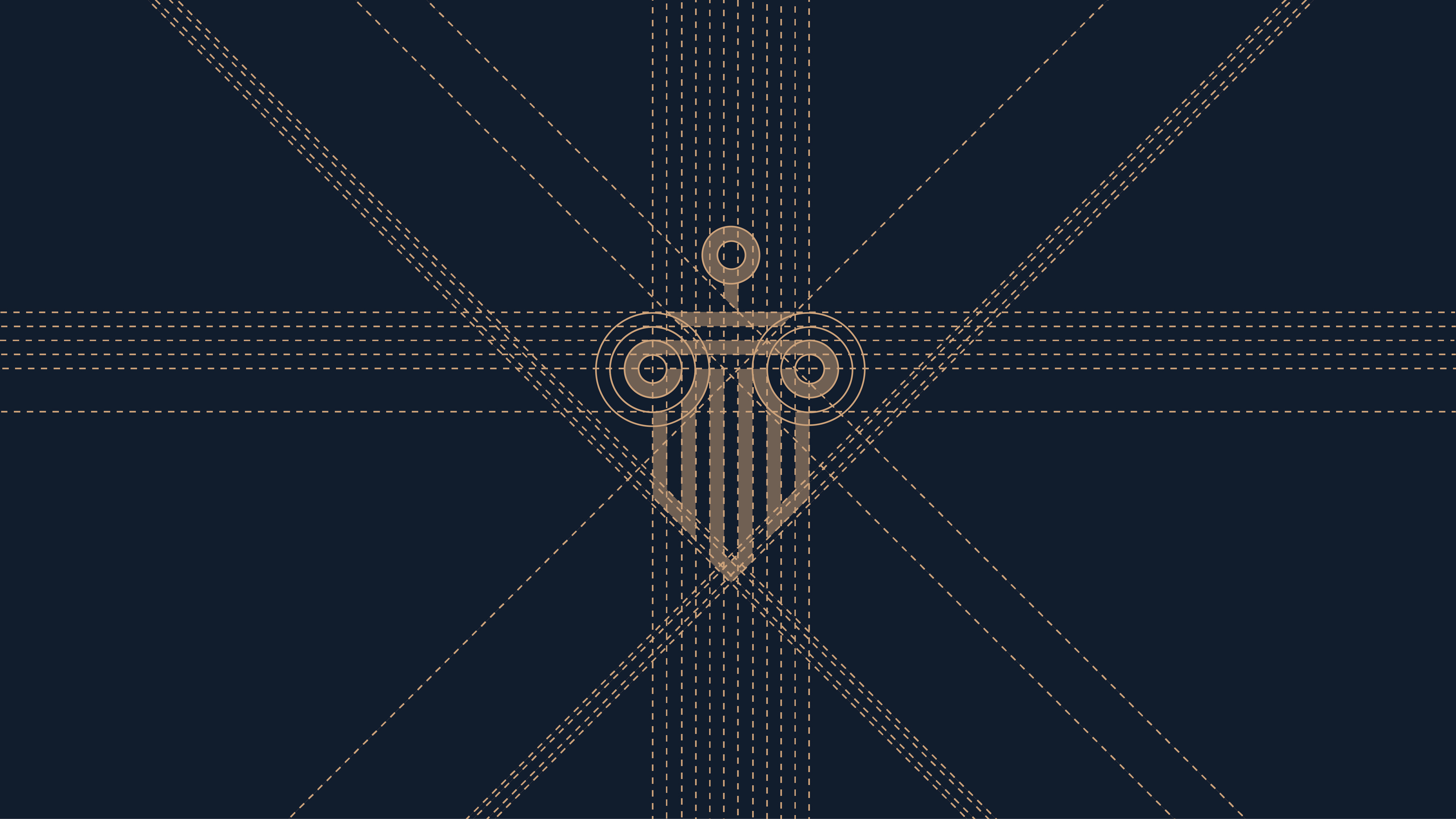 Mariola Teressa mark construction — column, sword and shield on a geometric grid