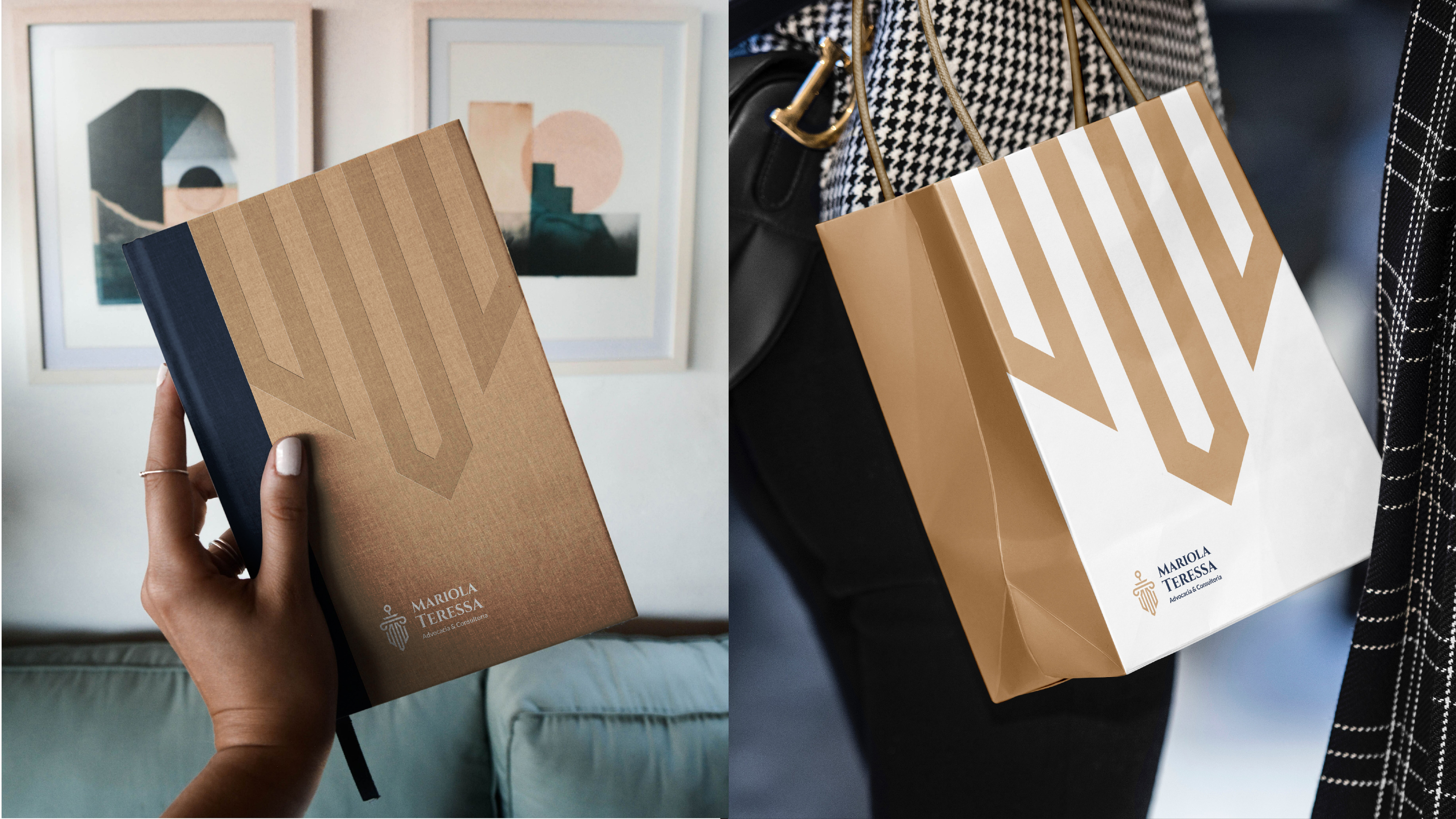 Client-gift notebook and shopping bag with gold shield motif