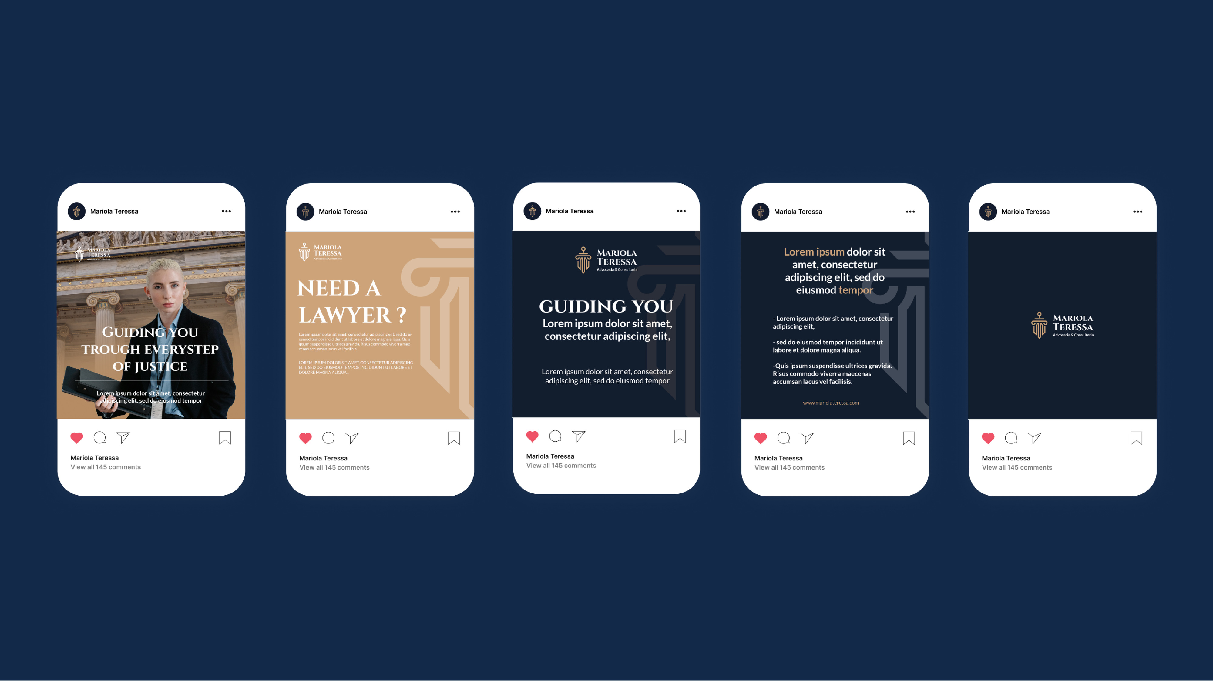 Instagram feed grid — carousel covers on navy background