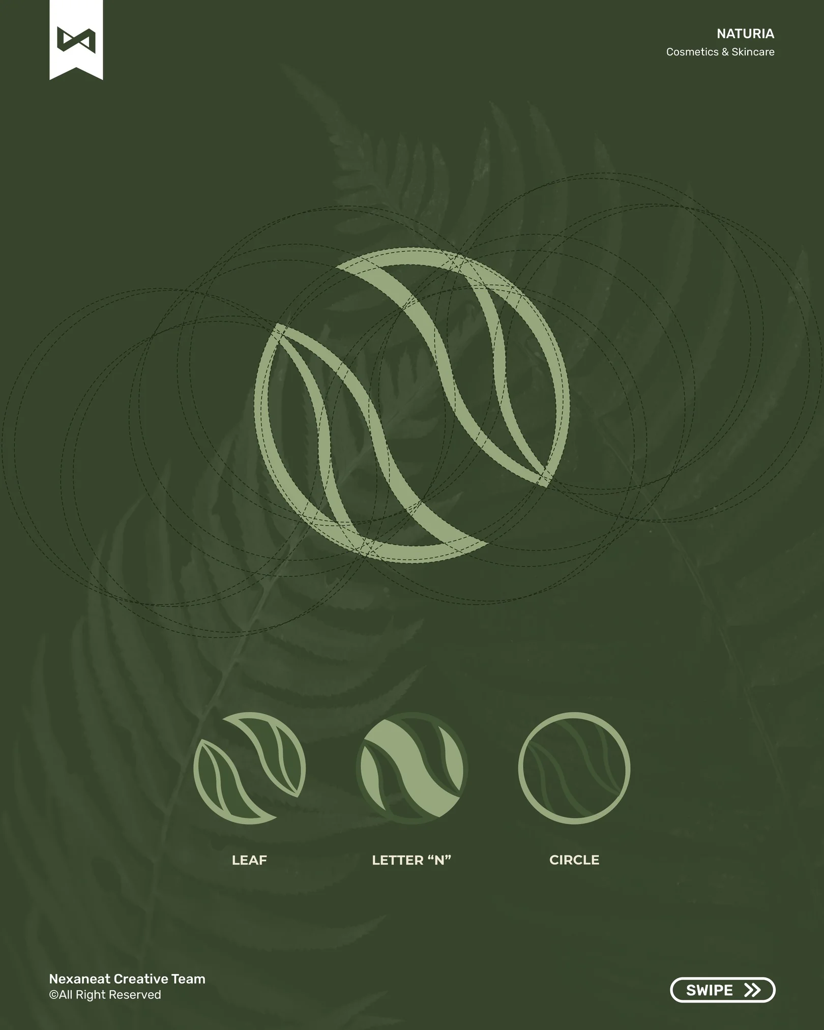 Mark construction — leaf, letter N and circle on a geometric grid