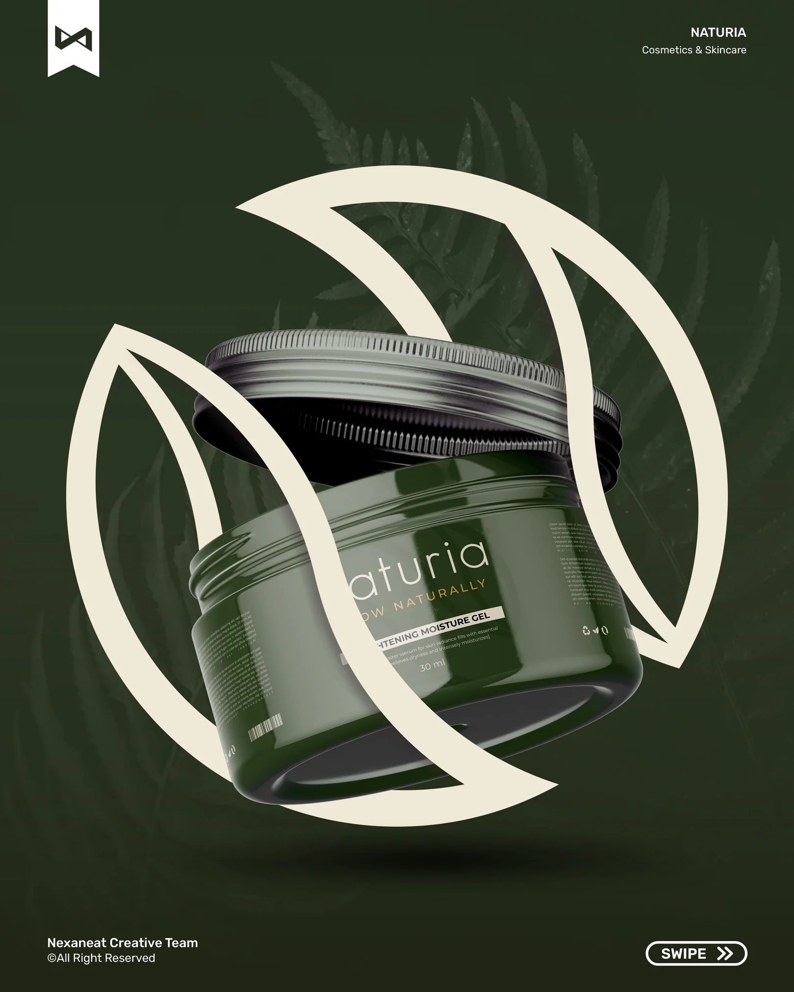 Product hero — brightening moisture gel jar framed by the Naturia monogram