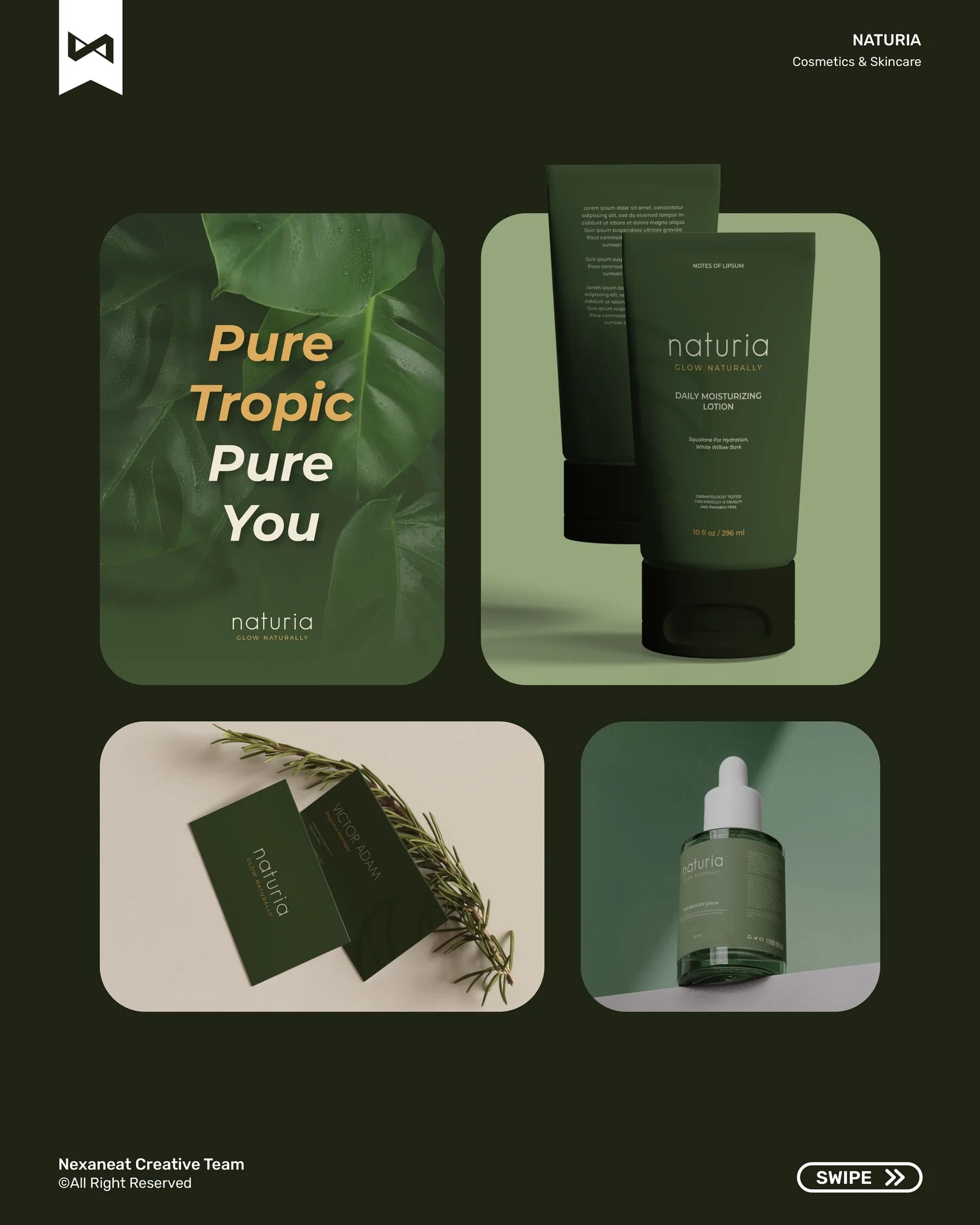 Editorial grid — Pure Tropic Pure You, lotion pair, business cards, serum