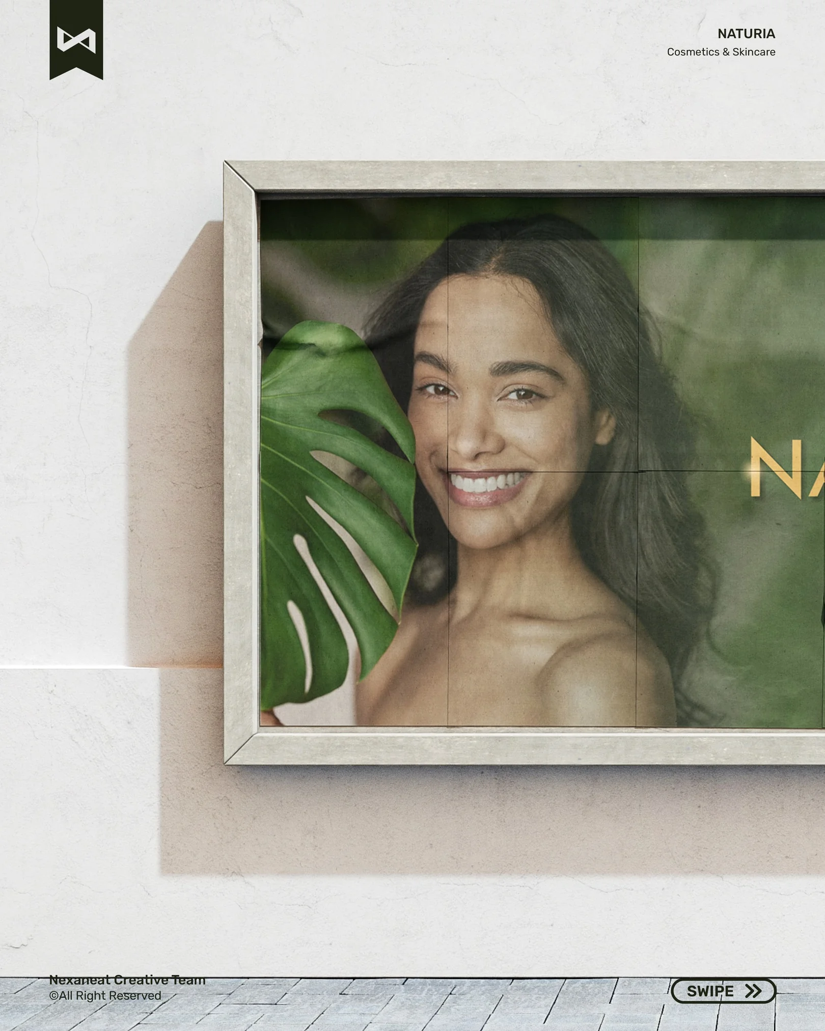 Framed wall poster mockup with product model and monstera leaf