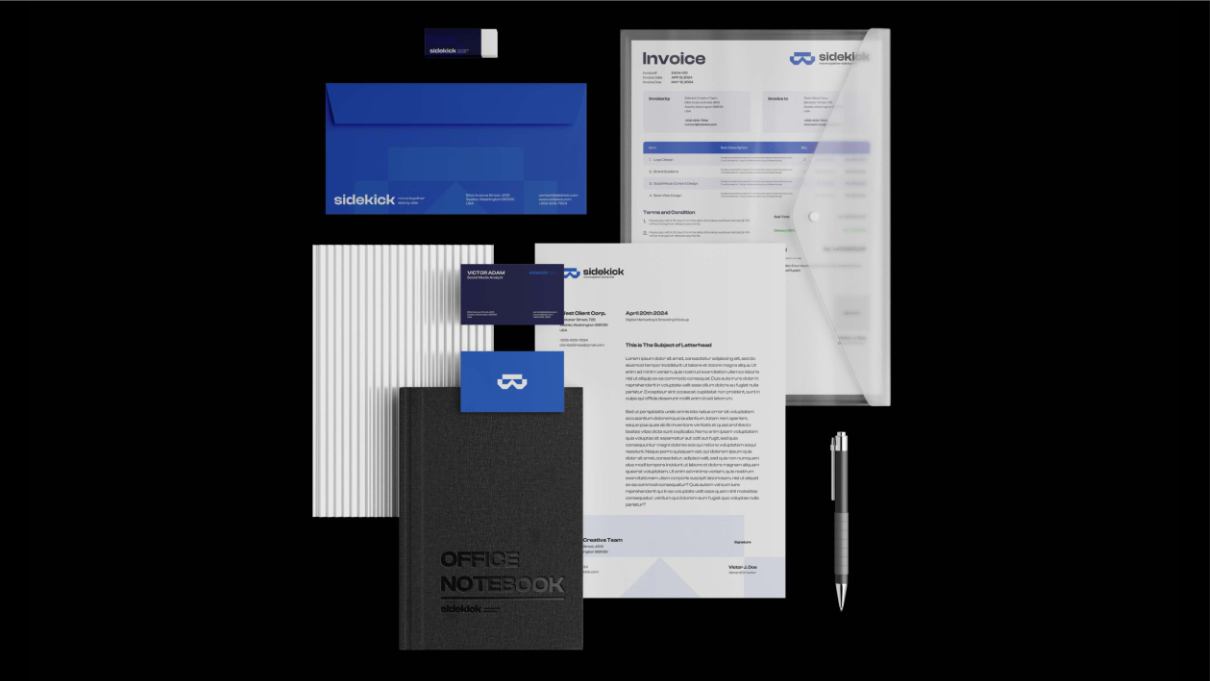 Stationery suite — invoice, envelope, cards, notebook